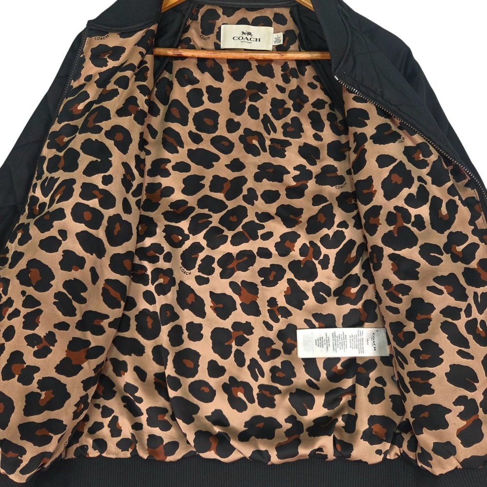 Coach Quilted Bomber Jacket Womens S Black Leopard Print Lining Baggy Oversized - Picture 4 of 11